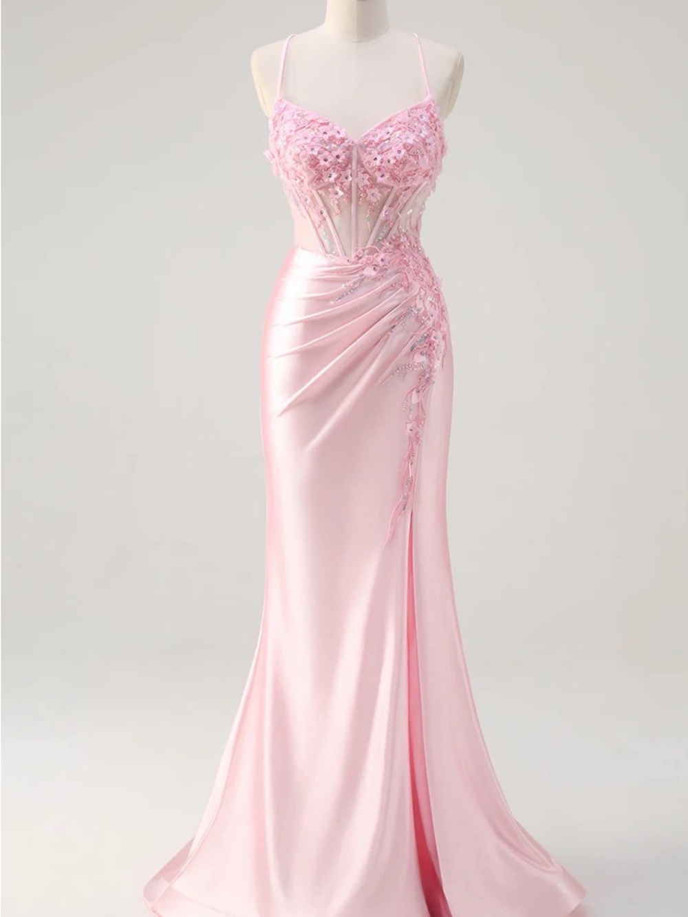 Pink Mermaid Spaghetti Straps Sheer Corset Floral Long Prom Dress with Slit